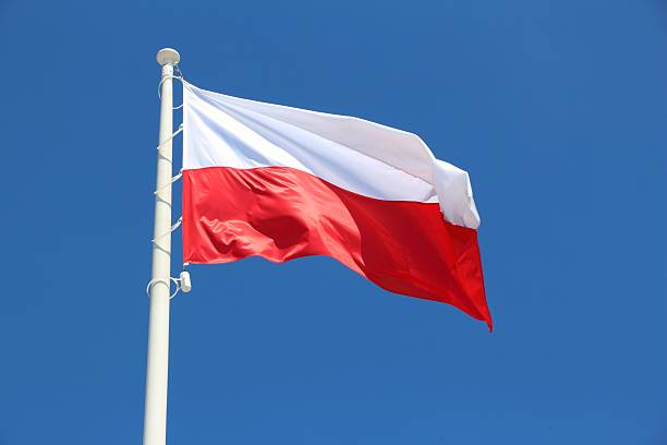 Polish flag – national colors of Poland on a flagpole.